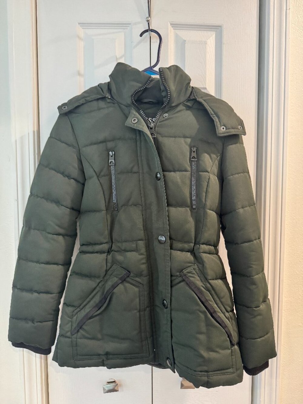 GUESS Women’s Small Olive Green Faux Fur Hooded Puffer Coat